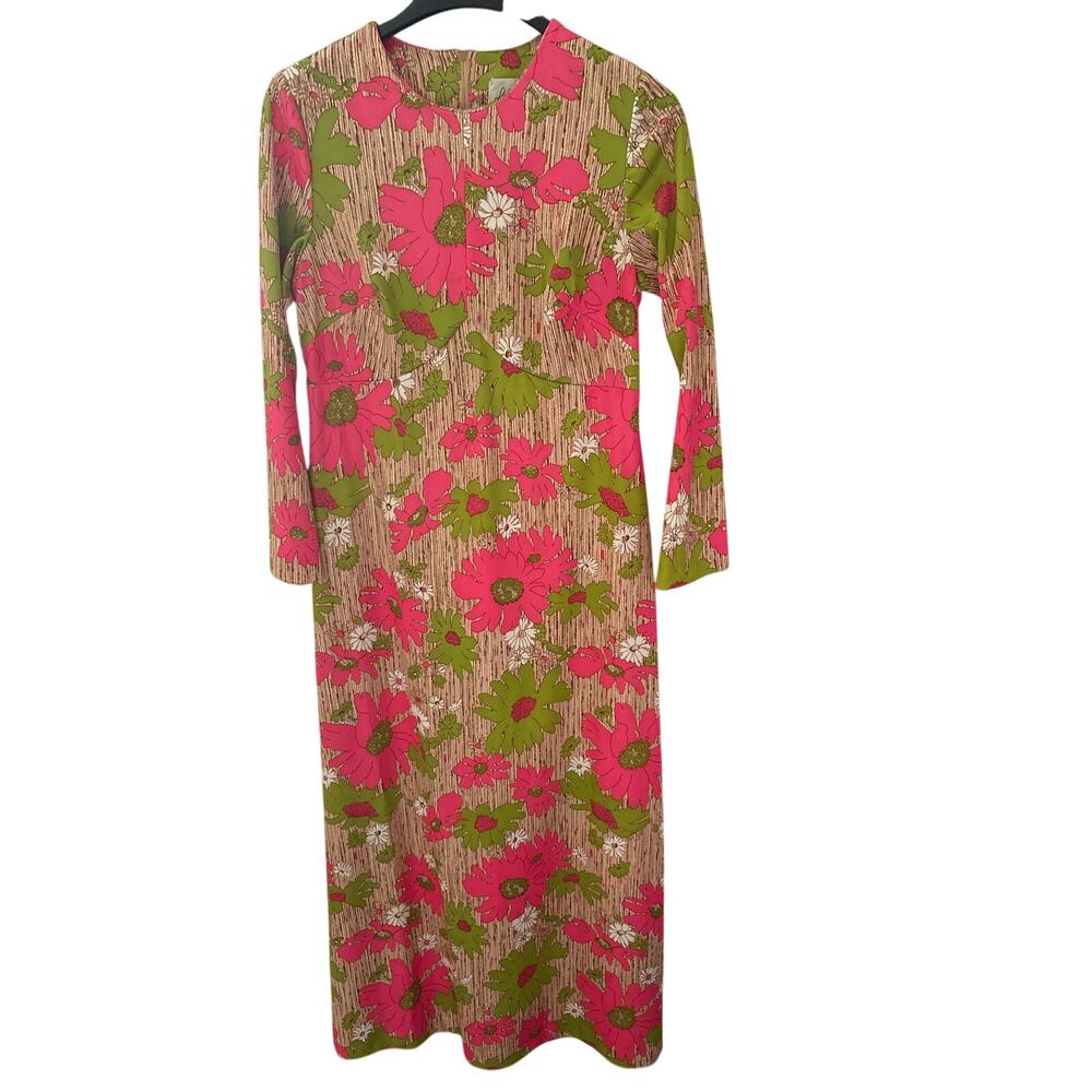 Vintage 60s 70s Lady Windsor Vibrant Pink Green Daisy Flowers Maxi Dress Mod M